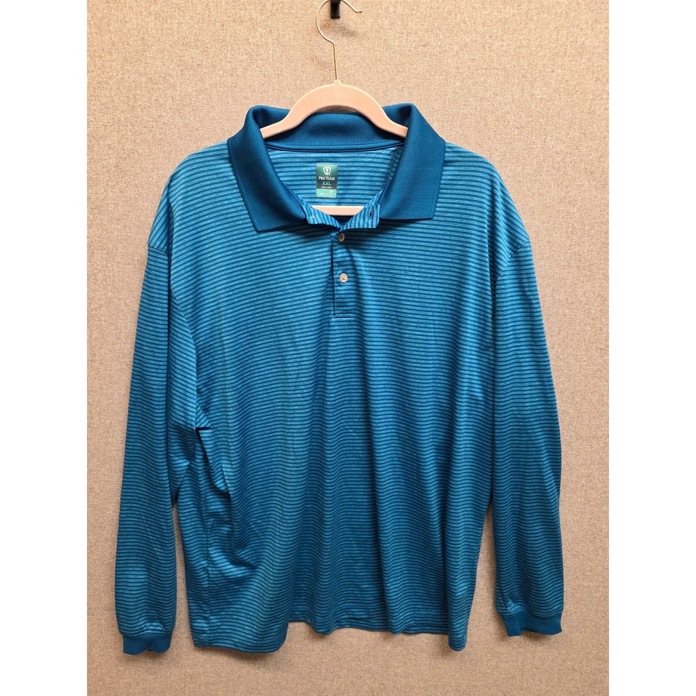 Pro Tour Airplay Mens XXL Teal Blue Striped Long Sleeve Golf Polo Shirt BK1592โ